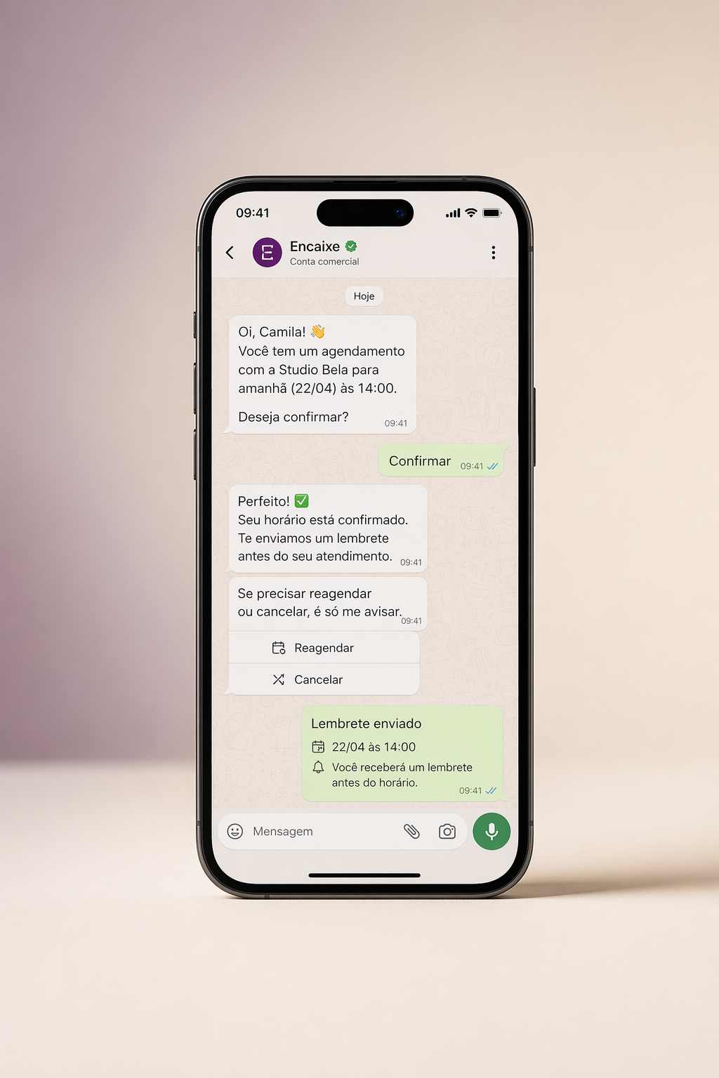 Mockup da automação de confirmações da Encaixe no WhatsApp
