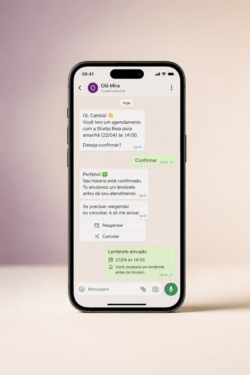 Mockup da automação de confirmações da Olá Mira no WhatsApp