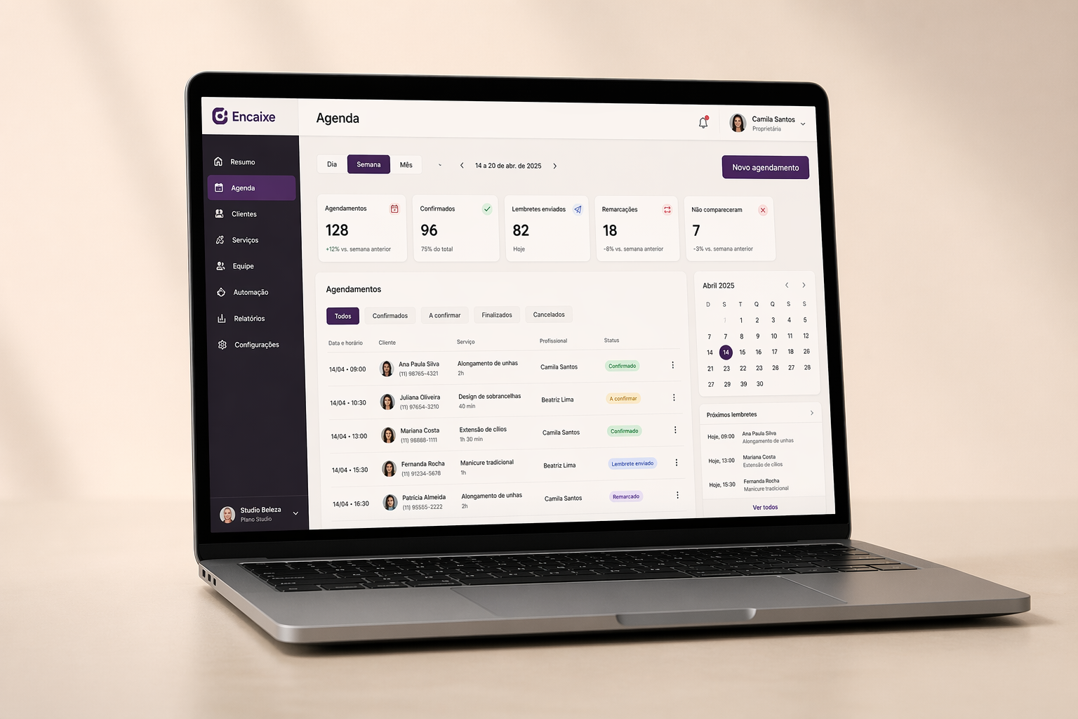 Painel operacional da Encaixe com agenda e controle de status