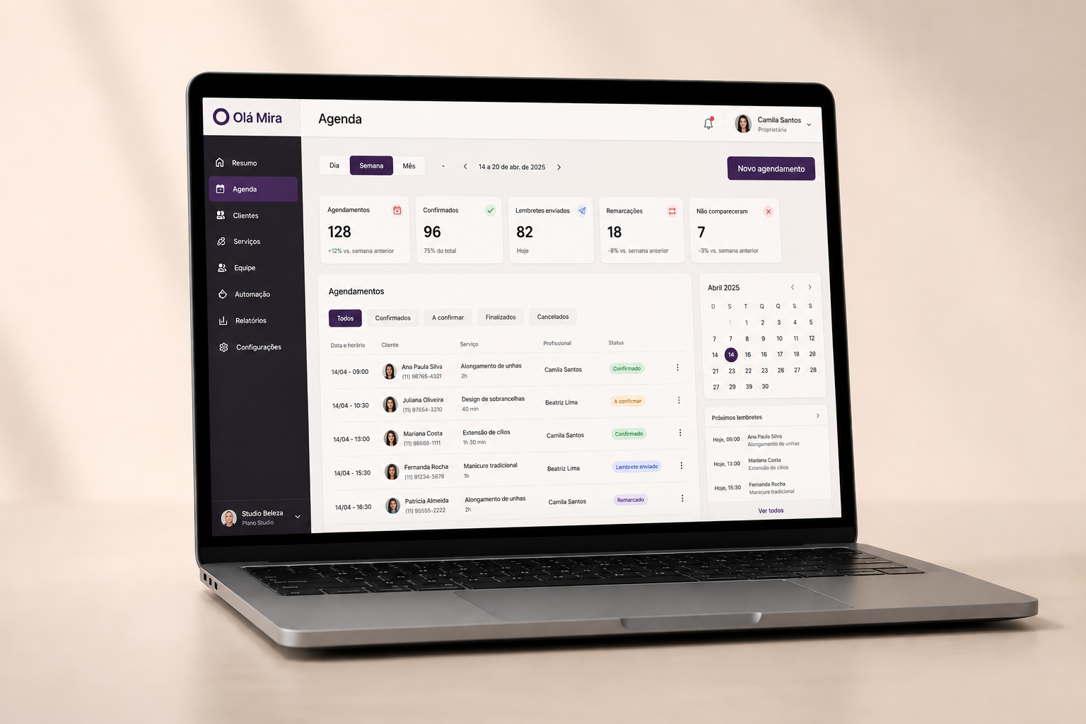 Painel operacional da Olá Mira com agenda e controle de status
